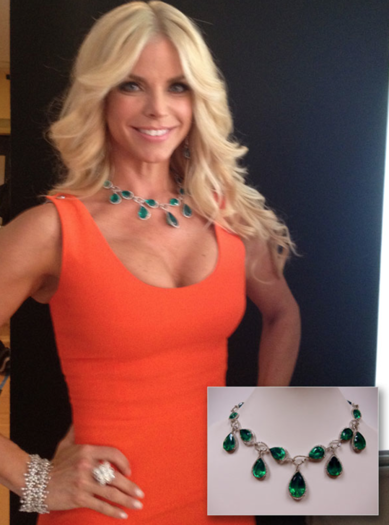 Alexia Echevarria pairs this regal Emerald Green Agate & diamond tear drop necklace with her bright tangerine colored gown.