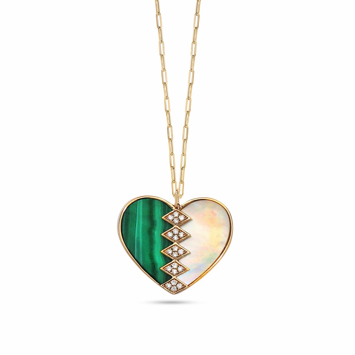 14K Gold Diamond Halo Medium Malachite Heart Necklace